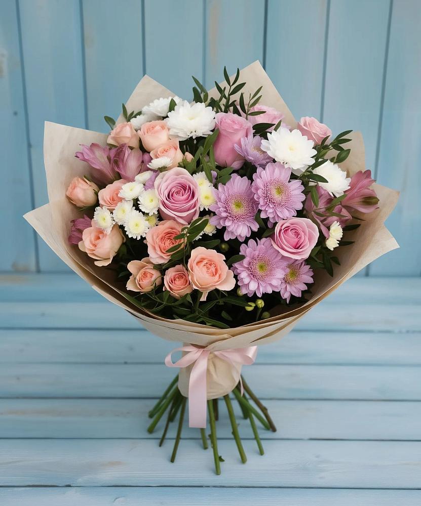 Букет цветов из: Хризантемы, Розы и Альстромерии в Шире