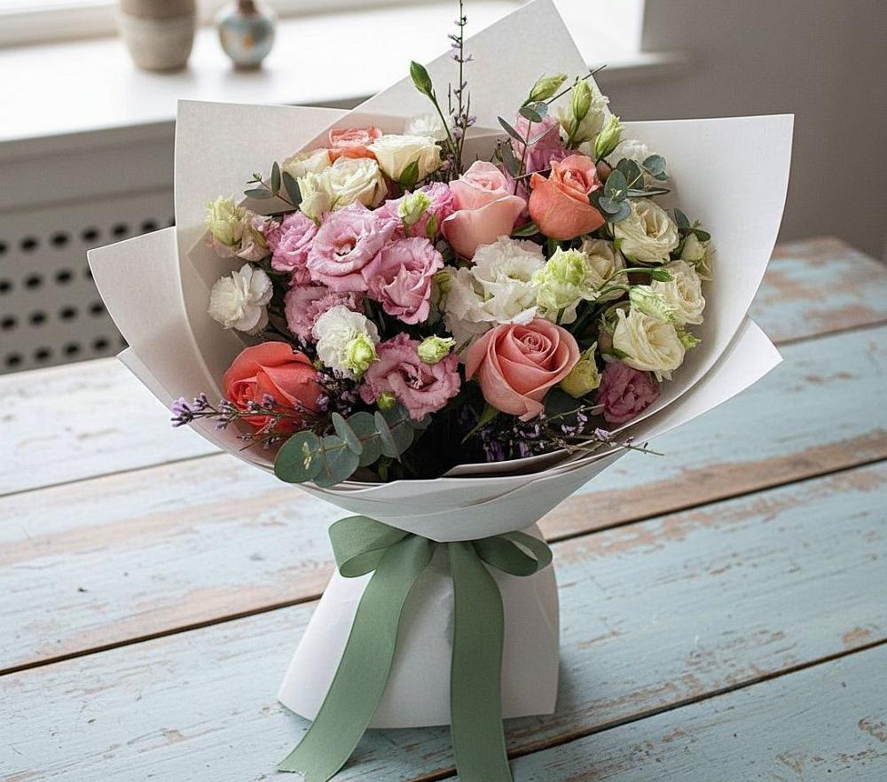 Букет цветов из: Розы, Лизиантусы и Гвоздики в Шире