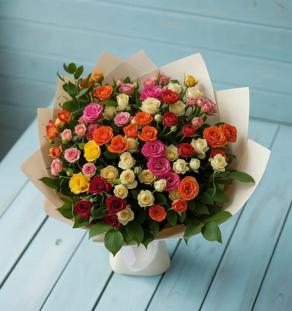 Букет Микс из разноцветных кустовых роз в Шире