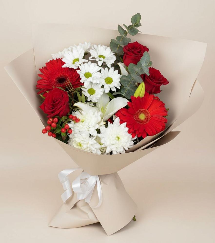 Букет цветов из: Розы, Хризантемы, Герберы и Лилии в Шире