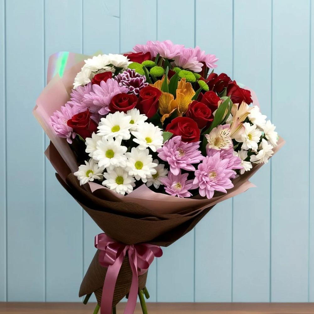 Букет цветов из: Розы, Хризантемы и Альстромерии в Шире
