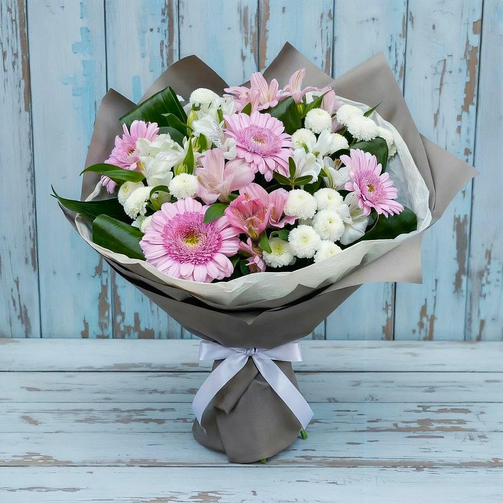 Букет цветов из: Герберы, Альстромерии и Хризантемы в Шире