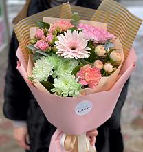Букет цветов из:  Герберы, Хризантемы и Розы #REPLACE_PRED# Шире