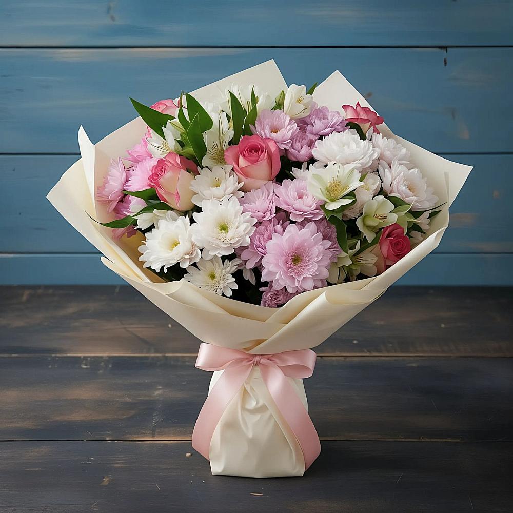 Букет цветов из: Хризантемы, Альстромерии и Розы в Шире